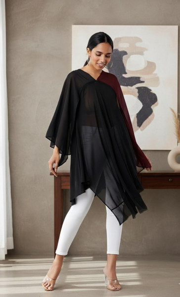 Black & Wine Sheer Asymmetrical Cape Top