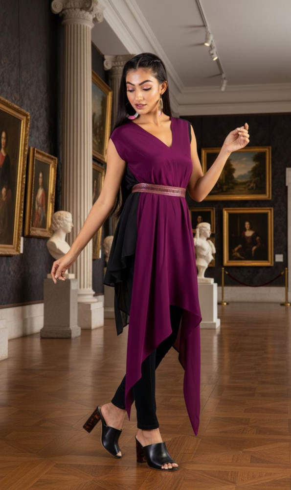 Image of Elegant Wine &amp; Black Draped Dress
