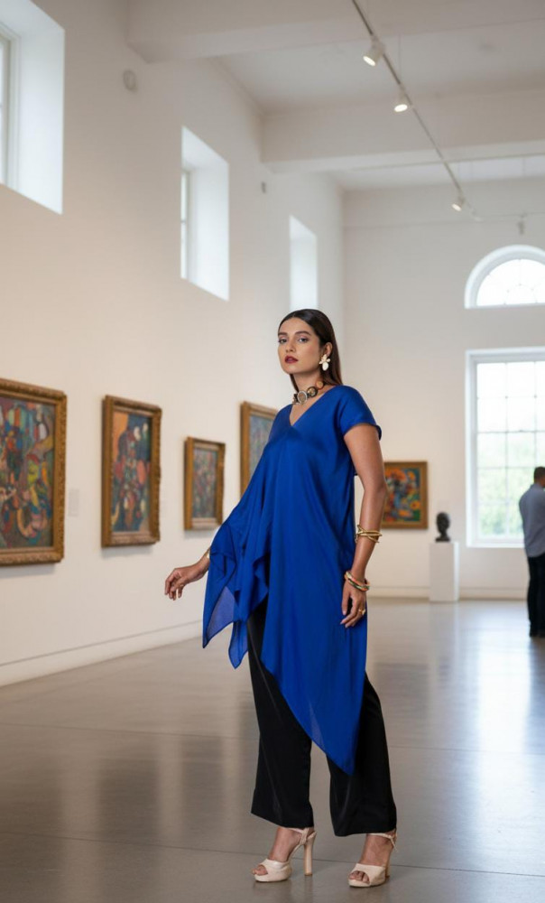 Image of Midnight Blue Asymmetrical Draped Top