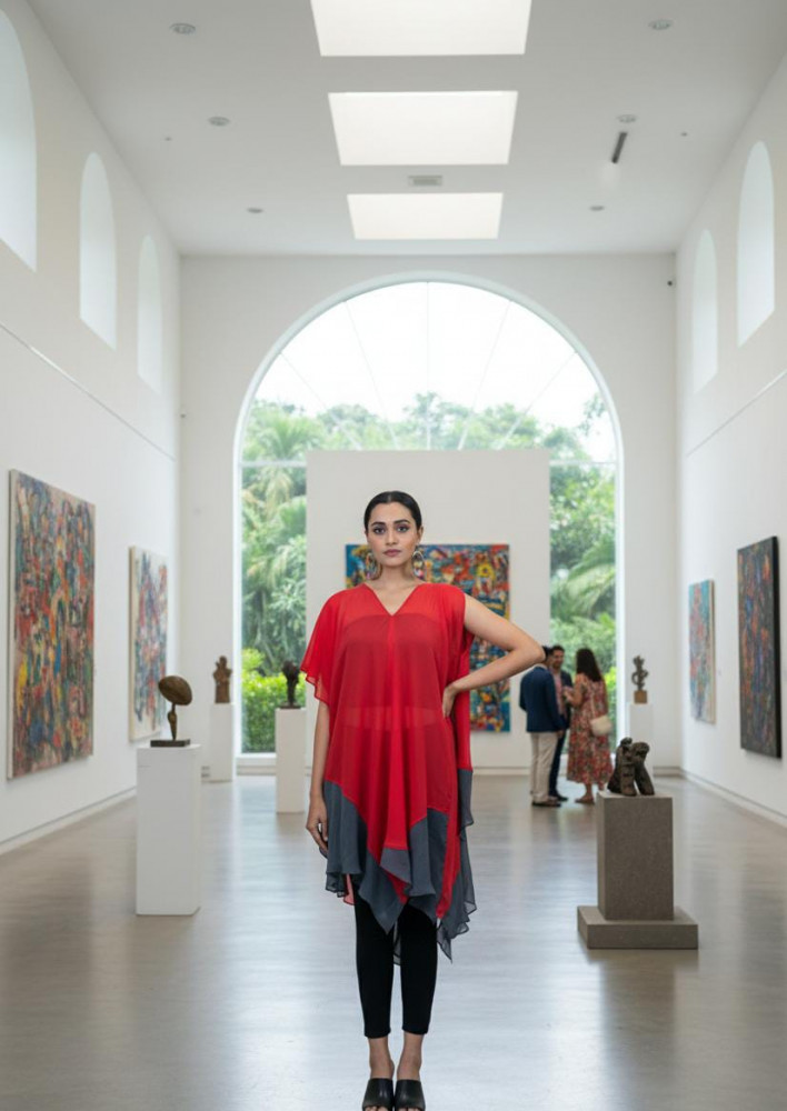 Image of Red &amp; Grey Draped Top