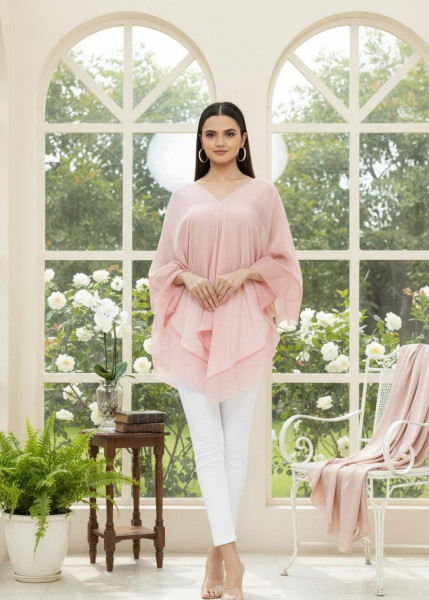 Pink Asymmetric Chiffon Draped Top