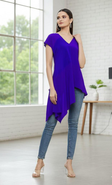 Blue Crepe Draped Asymmetrical Top