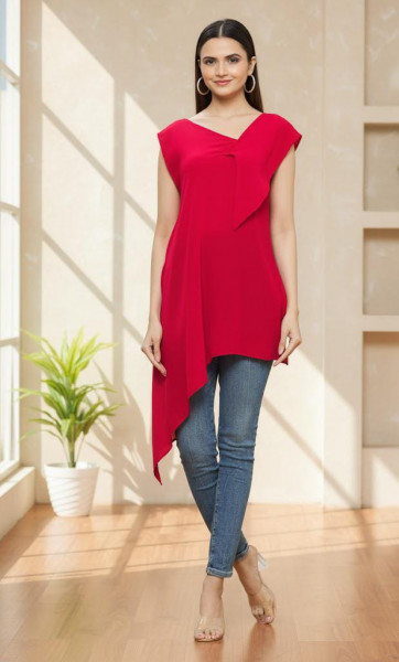 Red Crepe Asymmetric Draped Top