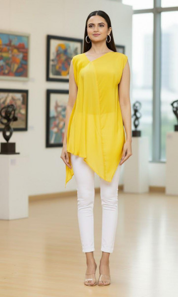 Yellow Crepe Draped Asymmetric Top