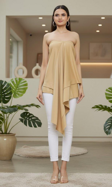 Beige Scuba Strapless Asymmetric Top