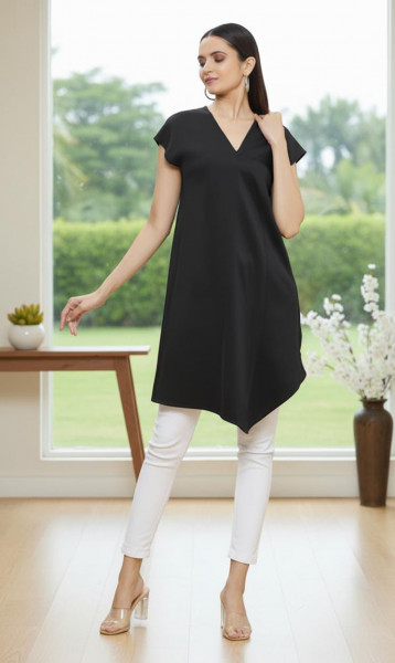 Black Scuba Asymmetric V-neck Tunic