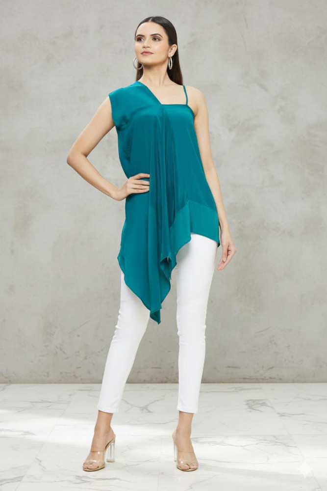 Image of Teal Draped Asymmetrical Tunic