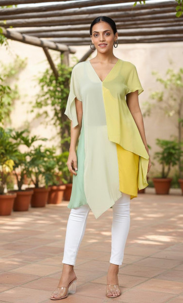 Pastel Color-Block Layered Asymmetric Tunic