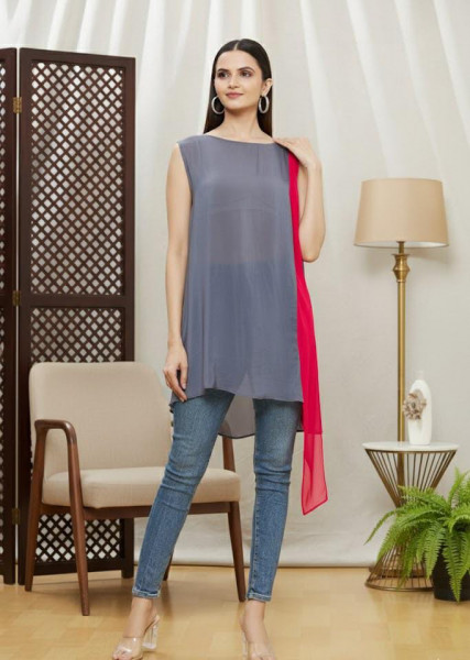 Grey & Fuchsia Contrast Asymmetric Tunic