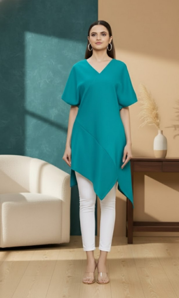 Image of Teal Asymmetric V-Neck Kaftan-Style Tunic