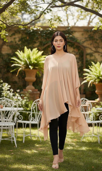 Asymmetrical Beige Chiffon Draped Top