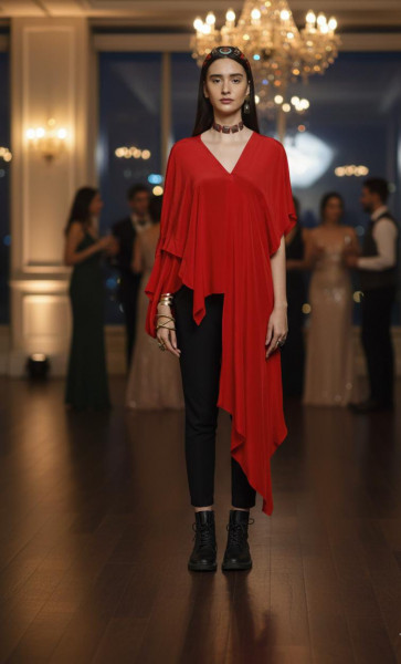 Bright Red Asymmetrical Draped Top
