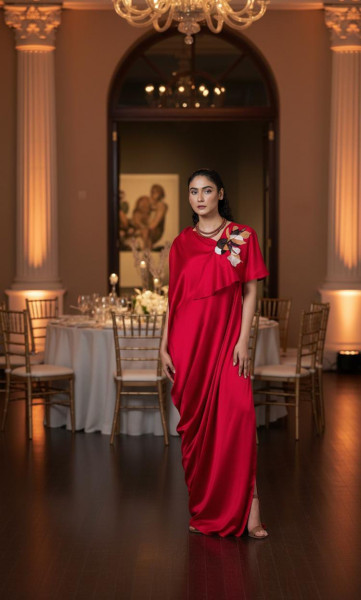 Magenta Hand Embroidered Patch Draped Dress