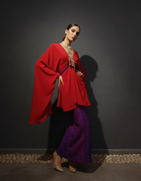 Red Drape Top with Sequined Indigo Skirt