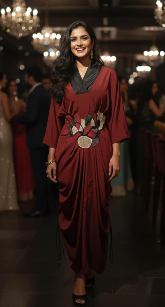 Image of Maroon Draped Jumpsuit with Oriental Motif Embroidery