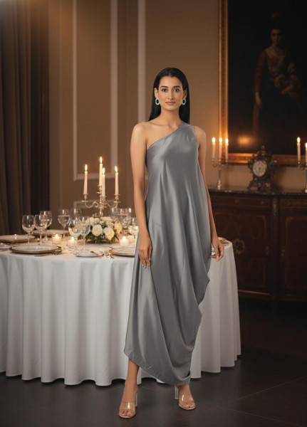 Silver Whisper One-Shoulder Draped Dress