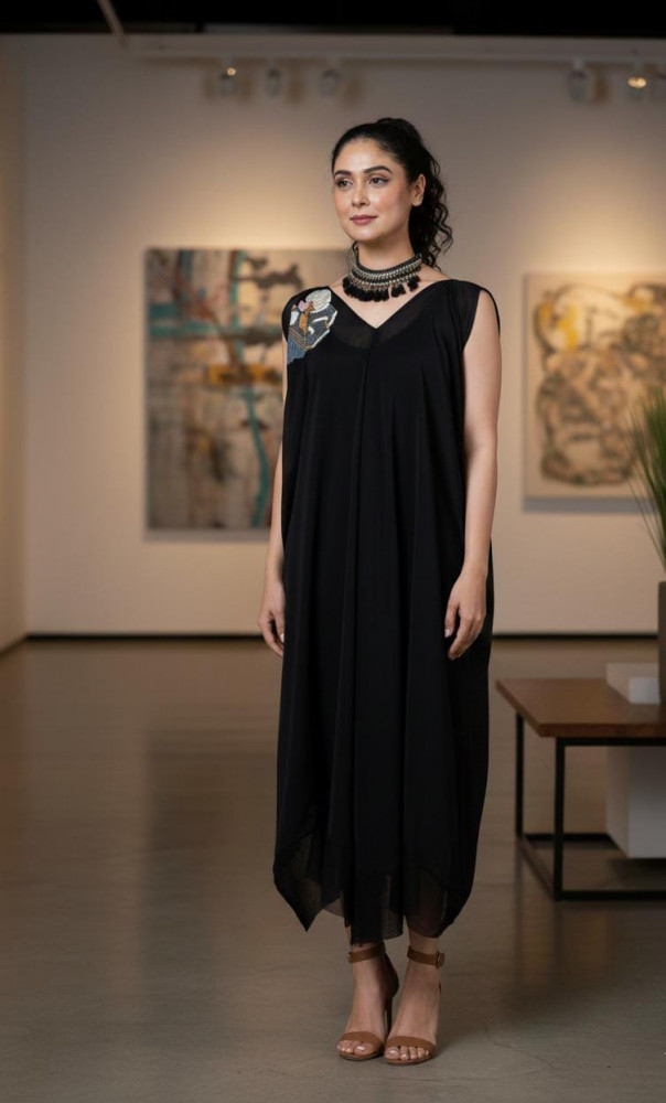 Image of Charcoal Black Capped Sleeve Draped Dress
