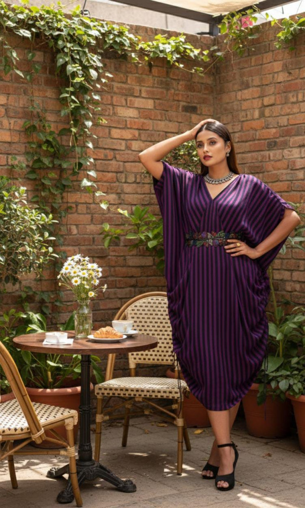 Image of Purple Striped Tie Up Draped Dress