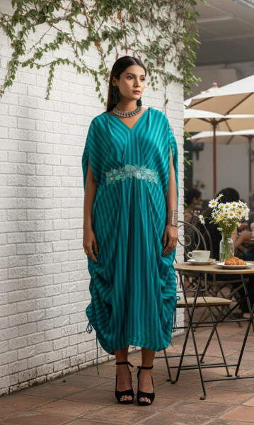 Green Striped Tie Up Draped Dress