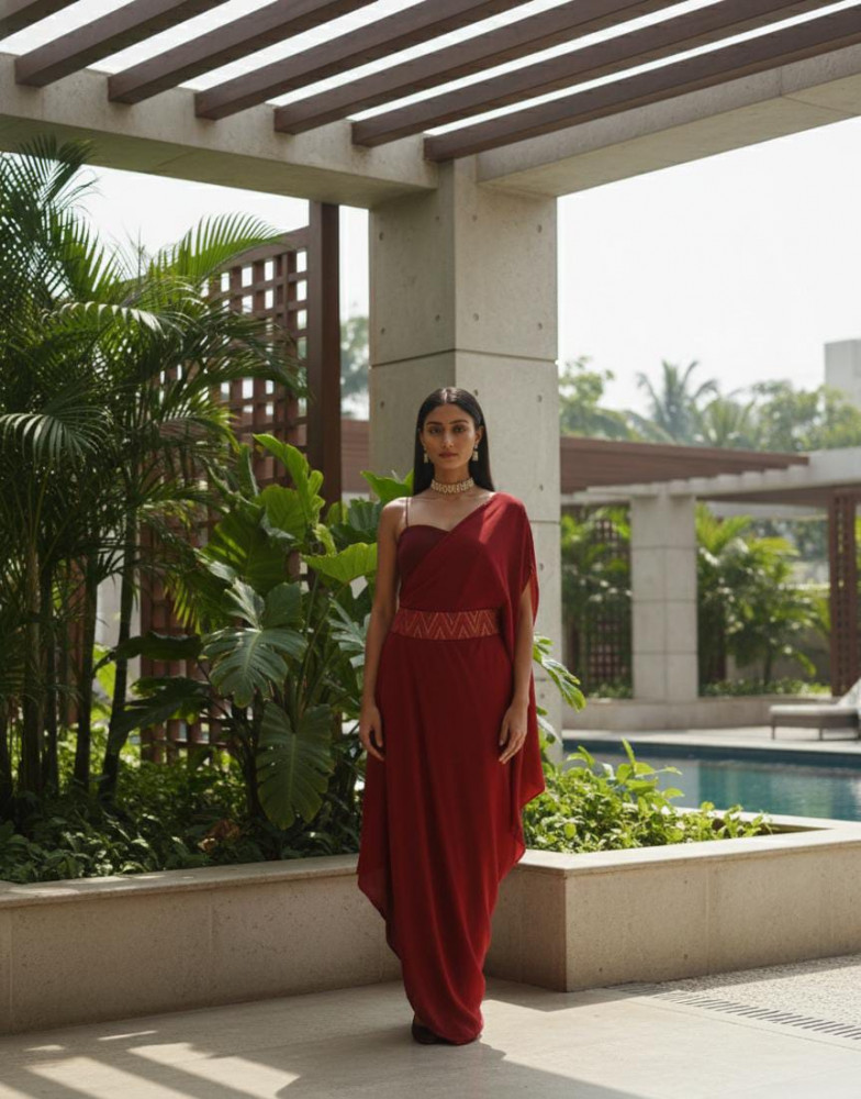 Image of Rosewood One Shoulder Draped Dress in Art Crepe