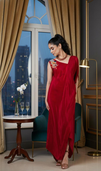 Cherry Red Draped Dress with Shoulder Detailing
