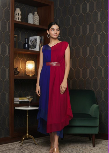 Red-Blue Asymmetrical Draped Dress