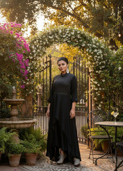 Noir Ruffle Neck Embellishment Long Kaftan Dress