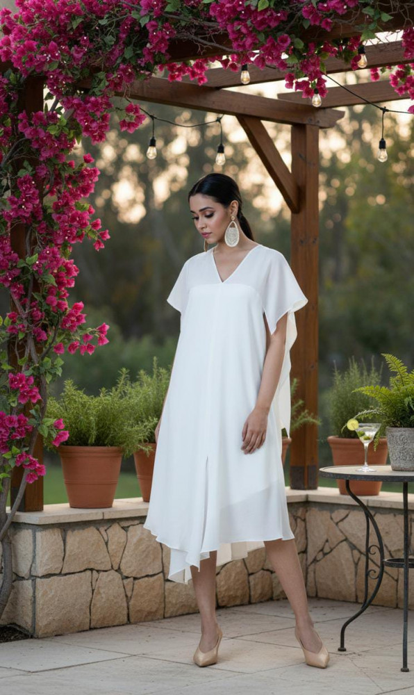 Image of Ivory Breeze Asymmetric Cape Dress