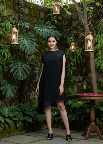 Noir Sheer Overlay Asymmetrical Dress