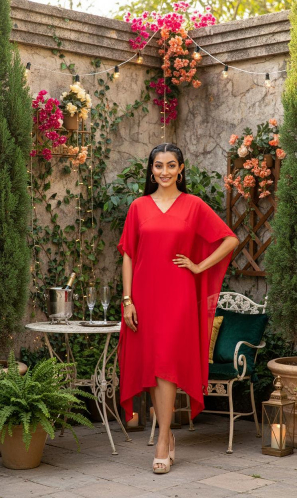 Image of Red Asymmetric Cape Dress