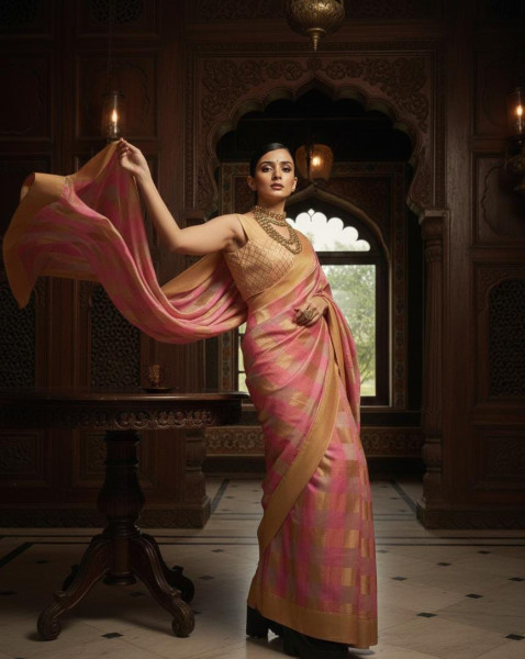 Pink & Honey Gold Cotton-Banarasi Saree