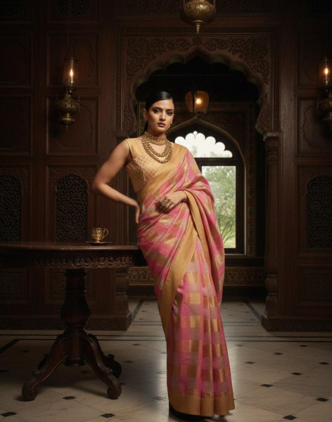 Pink & Honey Gold Cotton-Banarasi Saree