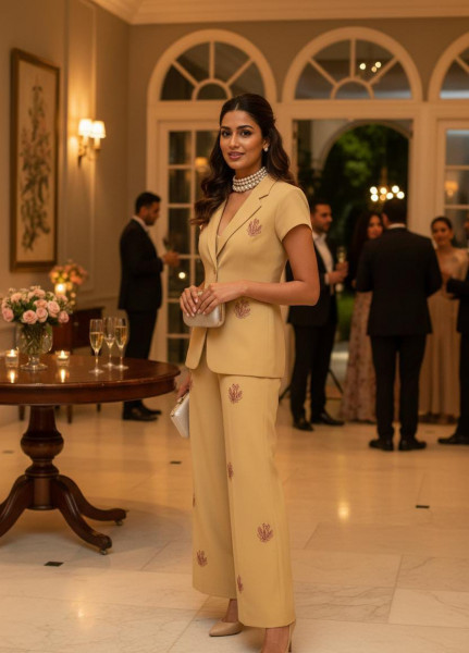 Cream Embroidered Pantsuit