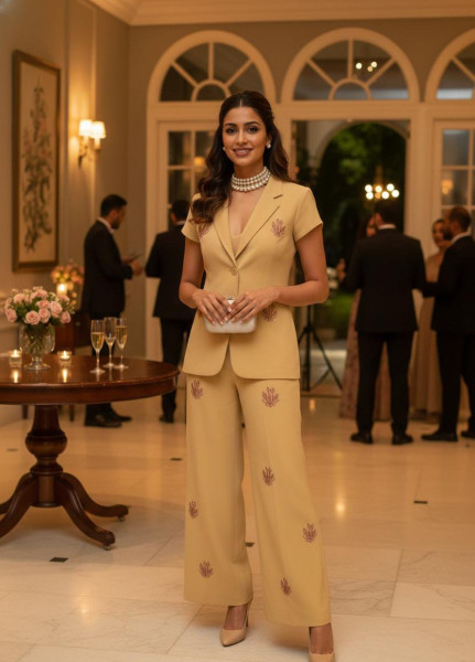 Cream Embroidered Pantsuit