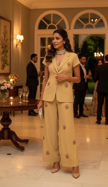 Cream Embroidered Pantsuit