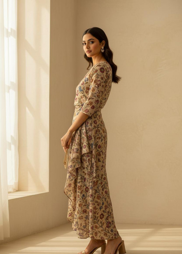 Image of Floral Print Asymmetric Top-Skirt Set