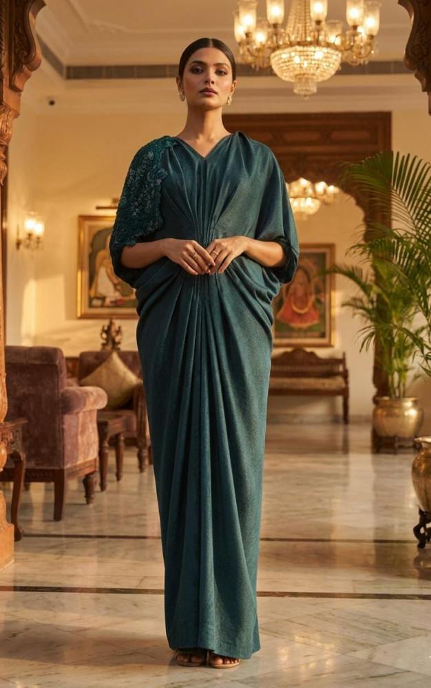 Image of Green Embroidered Drape Jumpsuit