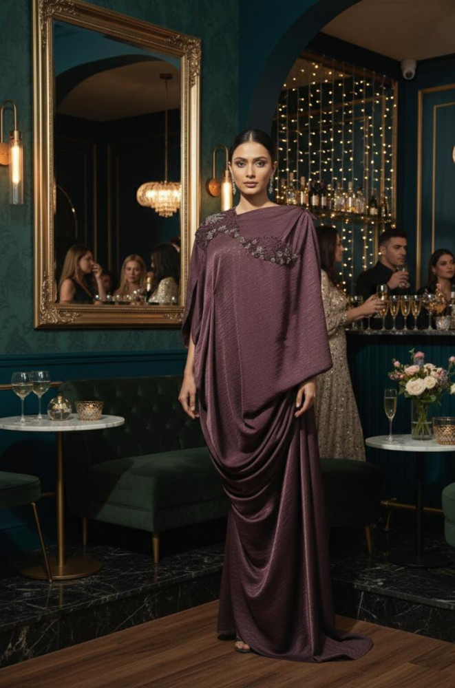Image of Plum Drape Ameera Gown with Urud Embroidery