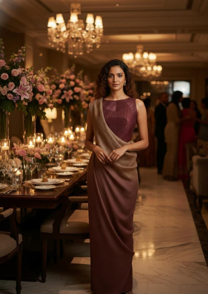 Image of Gilded Maroon Drape Dress