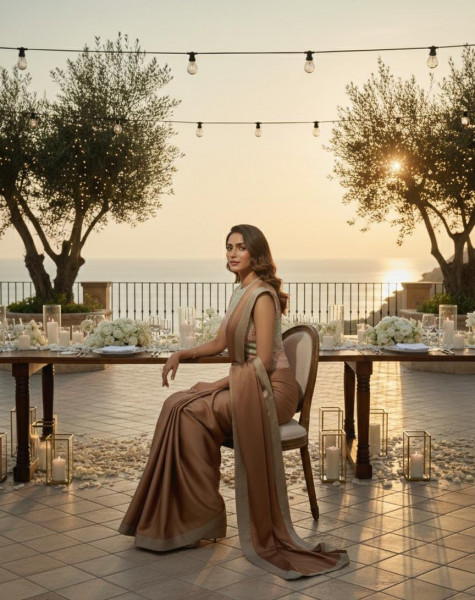 Sequin Bustier with Pre-Draped Satin Saree