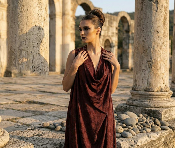 Maroon Draped Cowl Dress