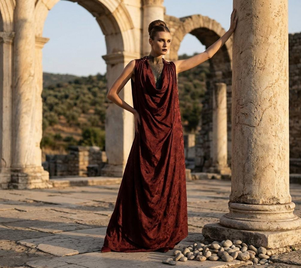 Image of Maroon Draped Cowl Dress