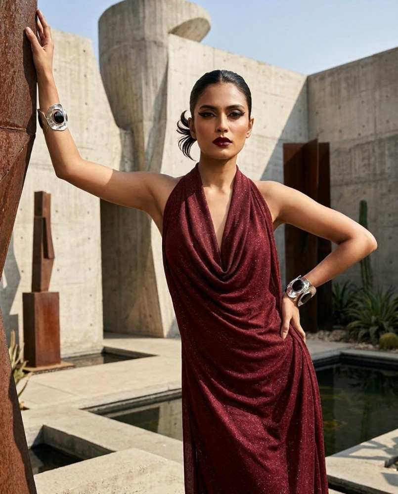 Image of Drape Maroon Shimmery Dress