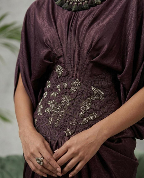 Plum Draped Embroidered Jumpsuit