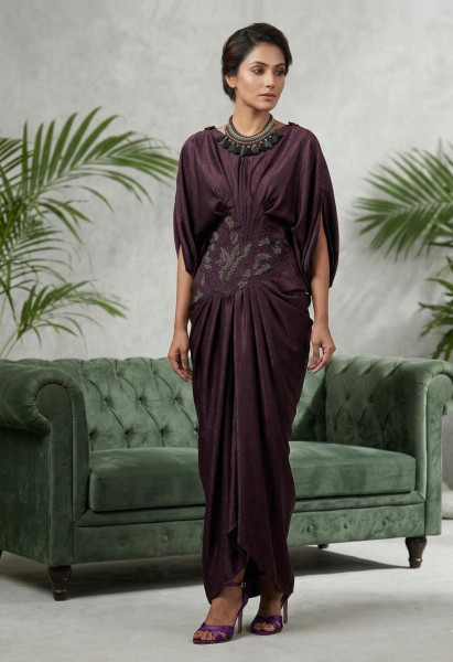 Plum Draped Embroidered Jumpsuit