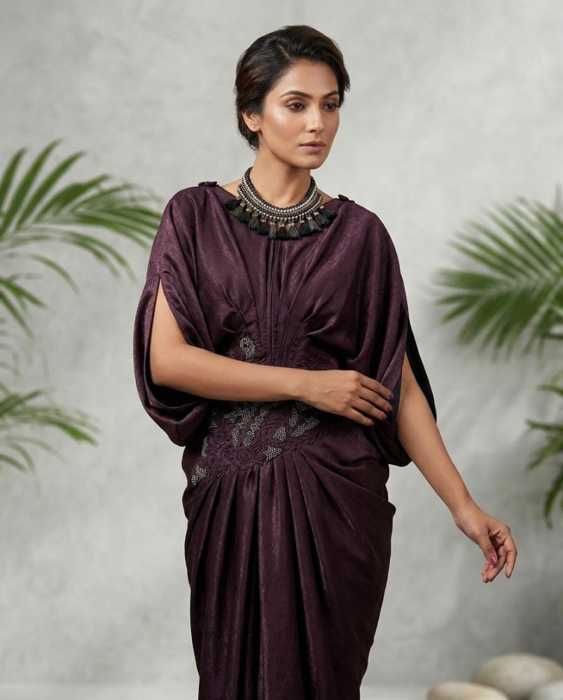 Image of Plum Draped Embroidered Jumpsuit
