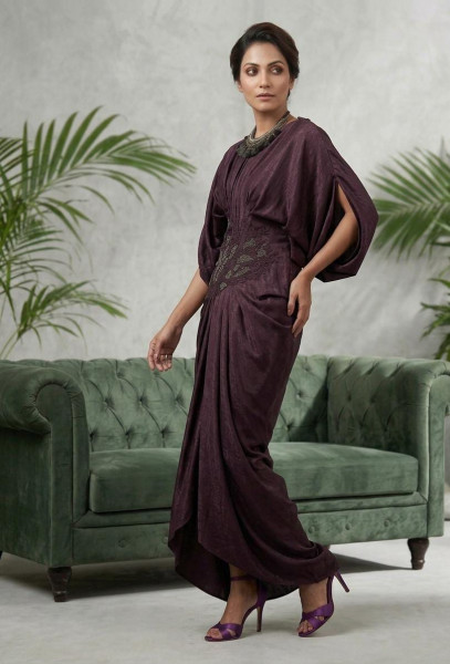 Plum Draped Embroidered Jumpsuit