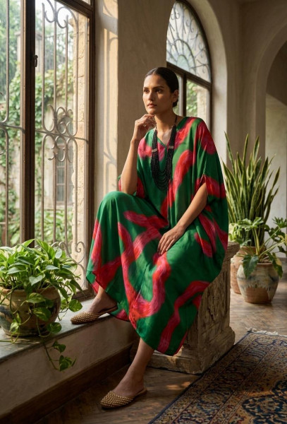 Green-Pink Abstract Draped Dress