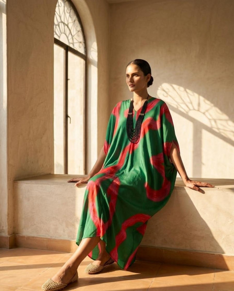 Green-Pink Abstract Draped Dress