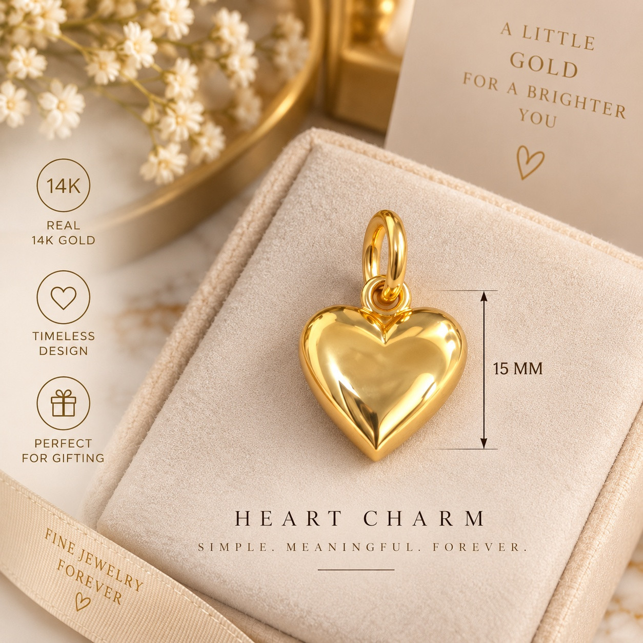 14K Gold Puffy Heart Charm